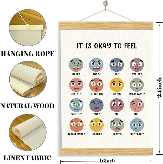 YGSDZY It's Okay To Feel, Boho Classroom Decor, Wood Poster Hanger, Feelings Chart Poster, School Psychology, Mental Health Posters, Classroom Posters, Homeschool Decor