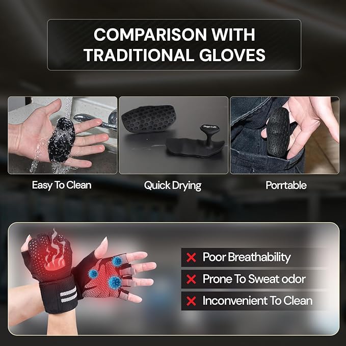 Ergonomic-Gym-Grips-for-Men-&-Women - Soft Silicone Weight Lifting Grips for Dumbbells, Barbells, Pull-Ups, Deadlifts - Fingerless, Sweat-Resistant, Includes Portable Case