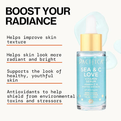 Pacifica Beauty Sea and C Love Vitamin C Serum, Skincare, Hyaluronic Acid, Green Tea, Marine Extracts, Blue Light Protection, Brightening, Lightweight, Face Care, Skin Care Serum, 1 fl oz (1 Count)