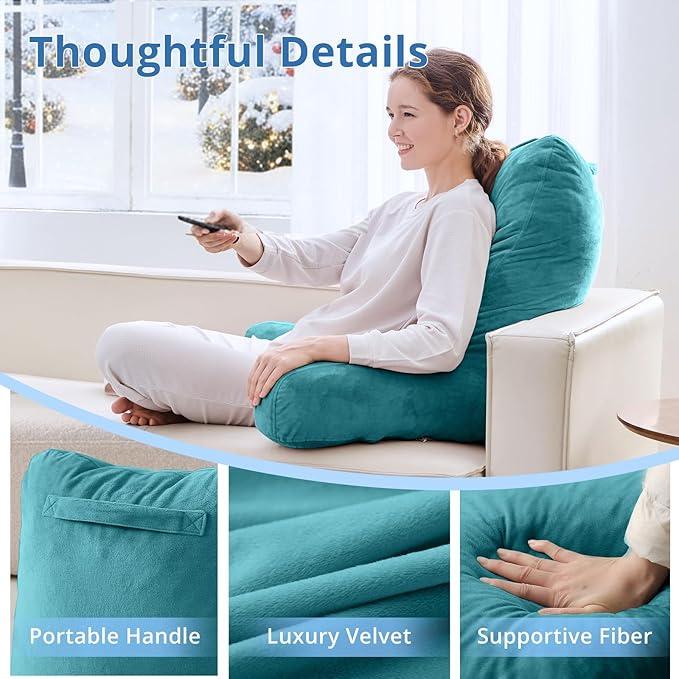 Sasttie 25-inch Reading Pillows for Sitting in Bed Adult, Jumbo Velvet Back Pillow Bed Sitting Up, XL High Back-Rest Support Cushion for Sit Up on Couch & Floor, Oeko-Tex Certified, Teal Blue