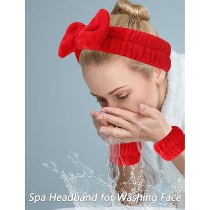 VELSCRUN Spa Headbands for Wash Face, Makeup Headband, Facial Skincare Headbands, 5 Pcs Red Puffy Sponge Spa Headband Bow Tie Hair Band Hair Clips Wristband Set Women Girls Accessories