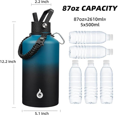 BJPKPK 2/3 Gallon Water Bottle with Straw Lid, 50oz, 64oz, 87oz, 128oz Large, Stainless Steel Water Bottles with 3 Lids and Paracord Handle, Double Wall Vacuum Metal Jug, Blue & Black