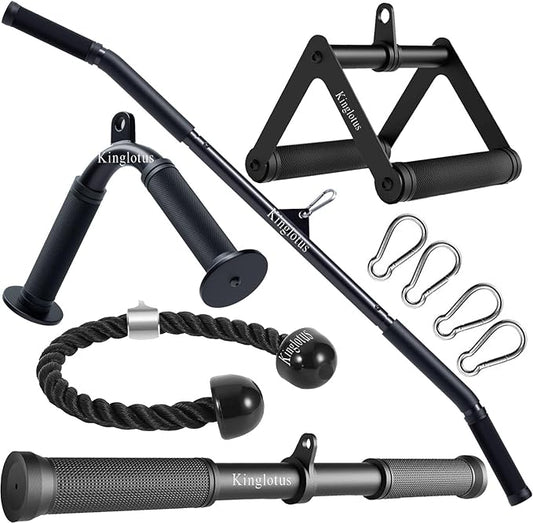 Kinglotus Home Gym Cable Machine Accessory Set:39inch Lat Pull Attachment, Straight Pull Down Bar,V Shaped Bar Triceps Rope Double D Handles. weight machine accessories to enhance your fitness results