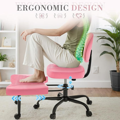Furmax Ergonomic Criss Cross Legged Office Chair with Wheels, 360°Swivel Adjustable Height Kneeling Desk Chair with Footrest for ADHD, Yoga, Meditation, Home Office (Leather, Pink)