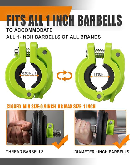 MAXRICH -T Barbell Clamp 1 inch Multiple Sizes & Adjustable Weight Clips for Barbell Quick Release Barbell Clips|Barbell Collar Bar Locks for Weight Lifting (Green)