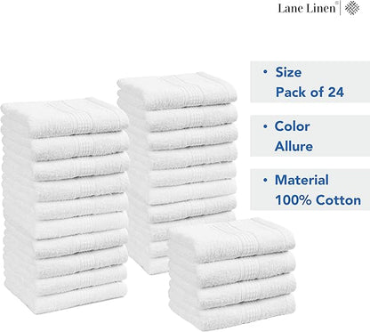 LANE LINEN 100% Cotton Washcloths 24 Pack - Spa & Salon Quality Face Towels - Ring Spun, Soft & Absorbent Wash Cloth Rags for Body, Beauty, Home, Gym - Fingertip Towels - 13"x13", White Washcloths