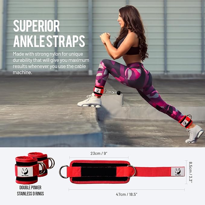 Slim Panda Ankle Strap for Cable Machine,Ankle Cuff for Kickbacks, Booty Hip Abductors,Glute Workouts, Leg Extensions, Curls for Men and Women, Adjustable with Double D-Rings