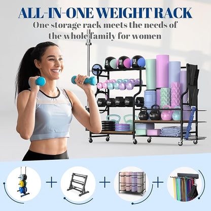 Mythinglogic Dumbbell Rack for Home Gym, Weight Rack for Dumbbells, Multifunctional Yoga Mat Holder for Barbell plates and Kettlebells, Home Gym Storage Rack with Casters