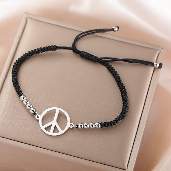 LIKGREAT Peace Adjustable Beaded Bracelet Peace Sign Symbol Pendant Handmade Braided Wax Cords Bracelet for Women