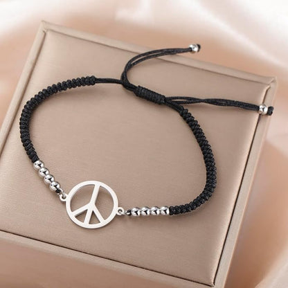 LIKGREAT Peace Adjustable Beaded Bracelet Peace Sign Symbol Pendant Handmade Braided Wax Cords Bracelet for Women