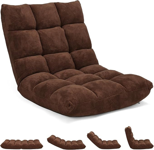 RELAX4LIFE Floor Chair with Back Support - 14-Position Adjustable Lazy Sofa Chair, Padded Sleeper Bed & Couch Recliner for Reading Meditation, Folding Floor Gaming Chair for Adults (Brown)