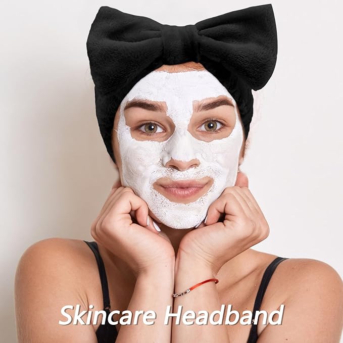 VELSCRUN Spa Headbands for Wash Face, Makeup Headband, Facial Skincare Headbands, 5 Pcs Black Puffy Sponge Spa Headband Bow Tie Hair Band Hair Clips Wristband Set Women Girls Accessories