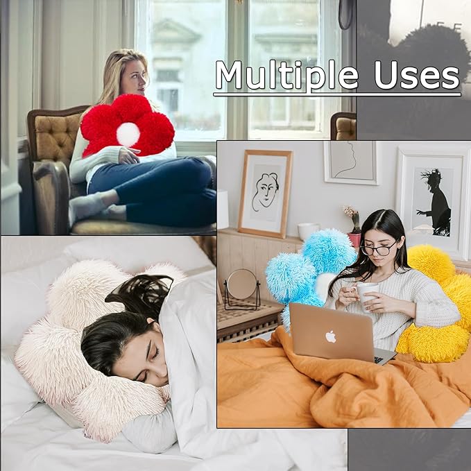 MorroMorn Flower Pillow Shaped Throw Pillows, 20" Floor Pillow Butt Cushion - Fluffy Shaggy Daisy Floral Decorative Pillows for Bed Couch Sofa Chair Cute Plush Faux Fur Room Decor (Black)