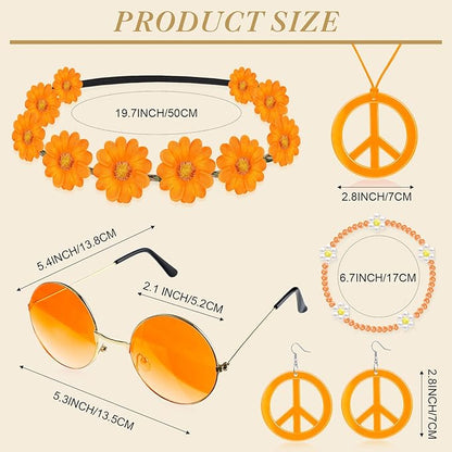 Batiyeer 6 Pcs Hippie Costume Accessories Set, Boho Peace Sign Daisy Flower 60s 70s Party Favors Decor for Groovy Party Women