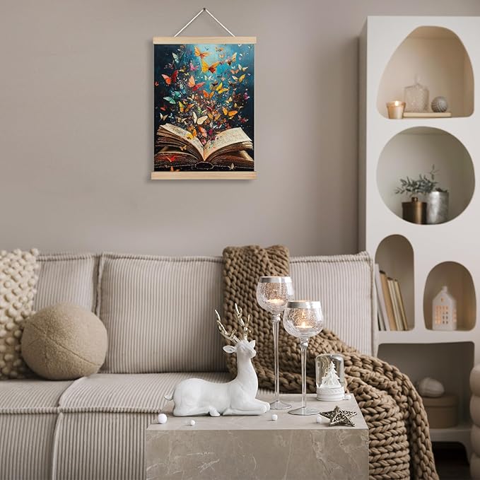 Colorful Butterfly Book Canvas Wall Art Poster, Reading Nook Corner Decor, Vintage Fantasy Bookish Wall Decor Prints for Library Reading Room Classroom Home, 12x16 Inches