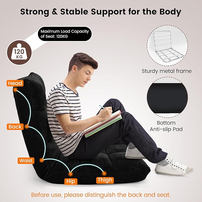 Moccha 14-Position Floor Chair, Folding Sofa Chair with Back Support, Memory Foam Floor Gaming Chairs for Adults, Adjustable Padded Couch Recliner Sleeper Bed for Reading, Meditating, Black