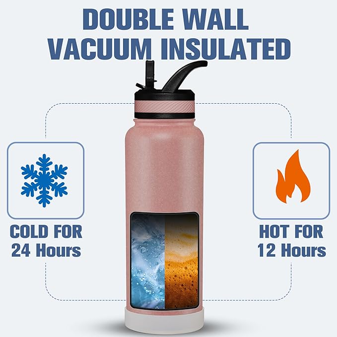 OLDLEY 40 oz Insulated Water Bottle With Straw, Stainless Steel Sports Water Cup Flask with 3 Lids(Straw, Spout and Handle Lid) Double Walled Travel Thermal Canteen Mug,Rose Gold