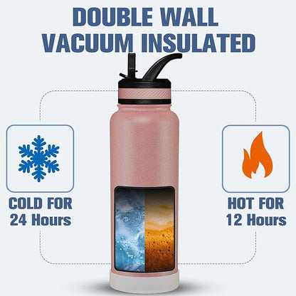 OLDLEY 40 oz Insulated Water Bottle With Straw, Stainless Steel Sports Water Cup Flask with 3 Lids(Straw, Spout and Handle Lid) Double Walled Travel Thermal Canteen Mug,Rose Gold