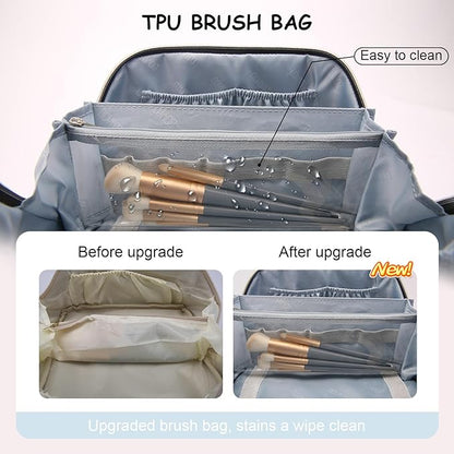 BOYATU Travel Makeup Bag Organizer Cosmetic Bag: 3 Pcs Set Make up Bags for Women with Handle - Waterproof Vegan Leather Toiletry Bags Travel Essentials Pouch with Compartments (G-03-Blue)