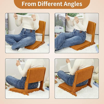 HollyHOME Foldable Japanese Style Floor Chair with Back Support, Tatami Chair with Cushion, Meditation Seat for Bay Window, Living Room, Bedroom, Pumpkin Color