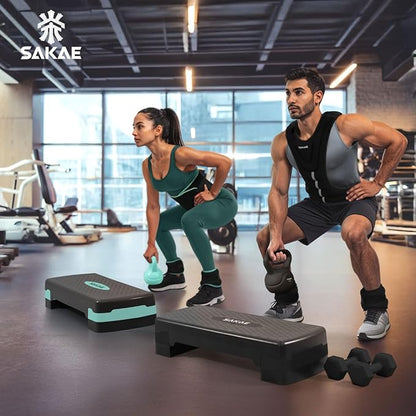 SAKAE Aerobic Step Platform Set with Waist Trimmer & Measuring Tape, Exercise Steppers for Home Exercise Fitness, Adjustable Height 2 Level Risers Workout Step Platform Trainer, Multiple Colors