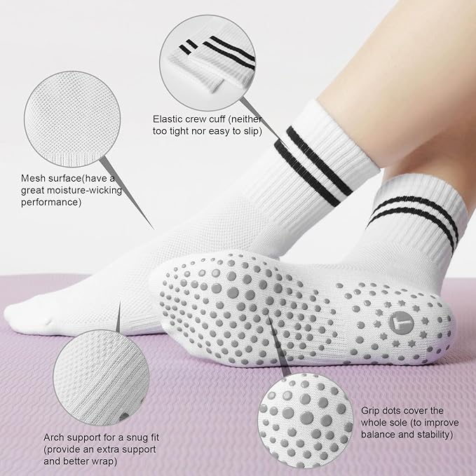 Toes Home Pilates Socks for Women with Non Slip Grippers, Yoga Crew Socks for Barre Hospital Sticky Slipper Socks 4 Pairs