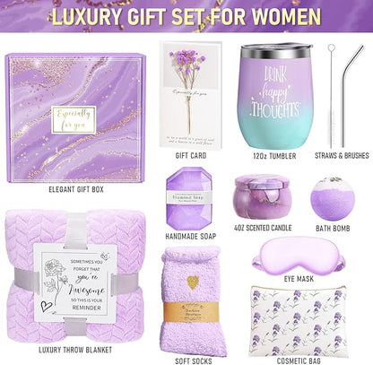 Happy Birthday Gifts for Women Self Care Gift, Relaxing Care Package Get Well Soon Spa Gift Basket with Luxury Blanket, Mothers Day, Brithday Gifts for Mom Her Friend Sister Wife