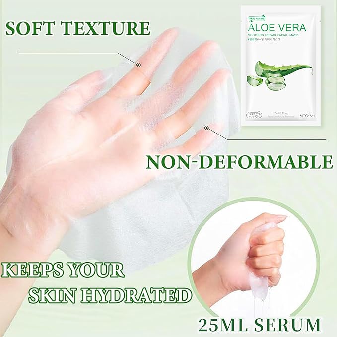 10 Sheets Aloe Vera Face Masks Skincare, Hydrating Face Mask Skincare For Dry, Oily, Sensitive Skin, Aloe Facial Masks Skin Care Sheet For Moisturizing, Soothing, Calming, Sun Care