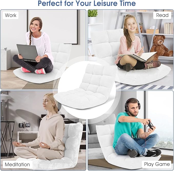 GORELAX Memory Foam Floor Chair, 14-Poistion Adjustable Reading Gaming Chair Recliner, Folding Cushioned Meditation Chair with Back Support, Padded Lazy Sofa for Adults, Kids (White)