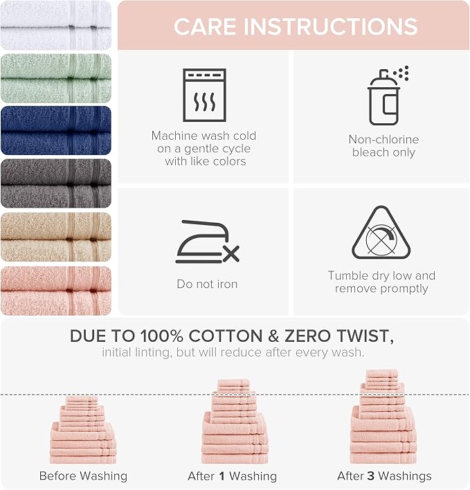 Comfort Spaces Towel Set for Bathroom 12 Piece Luxury Bath Towel Set 4 Hand Towel for Bathroom 4 Washcloth 4 Large Bath Pink Towel Sets 100% Cotton Quick Dry Towel Zero Twist Soft Lightweight Blush