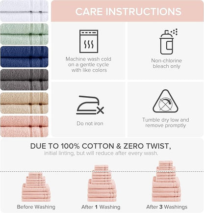 Comfort Spaces Towel Set for Bathroom 12 Piece Luxury Bath Towel Set 4 Hand Towel for Bathroom 4 Washcloth 4 Large Bath Pink Towel Sets 100% Cotton Quick Dry Towel Zero Twist Soft Lightweight Blush