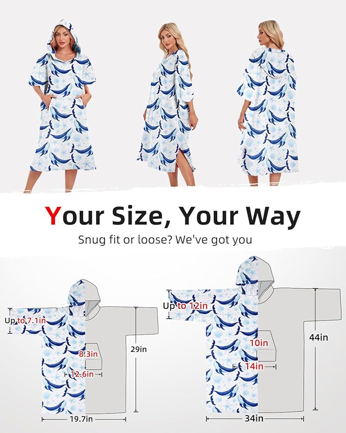 Abahub Surf Poncho Men & Women Towel Poncho Adult with Hood, Thick Quick Dry Changing Poncho Towel, Microfiber Wearable Cover Up for Surfing Beach Swim - Absorbent Changing Towel L (Blue Whale)