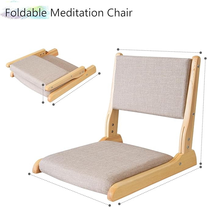 Japanese Floor Chair with Back Support, Foldable Meditation Chair, Legless Tatami Chair with Cushion, Floor Seat for Living Room, Bedroom, Bay Window (1, Gray)