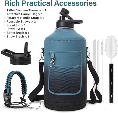 1 Gallon Insulated Water Bottle | Upgraded Thickened Stainless Steel Metal Portable Sports Large Water Jug for Gym and Hiking with Carrier Bag, Handle Strap | BPA-Free 128 oz