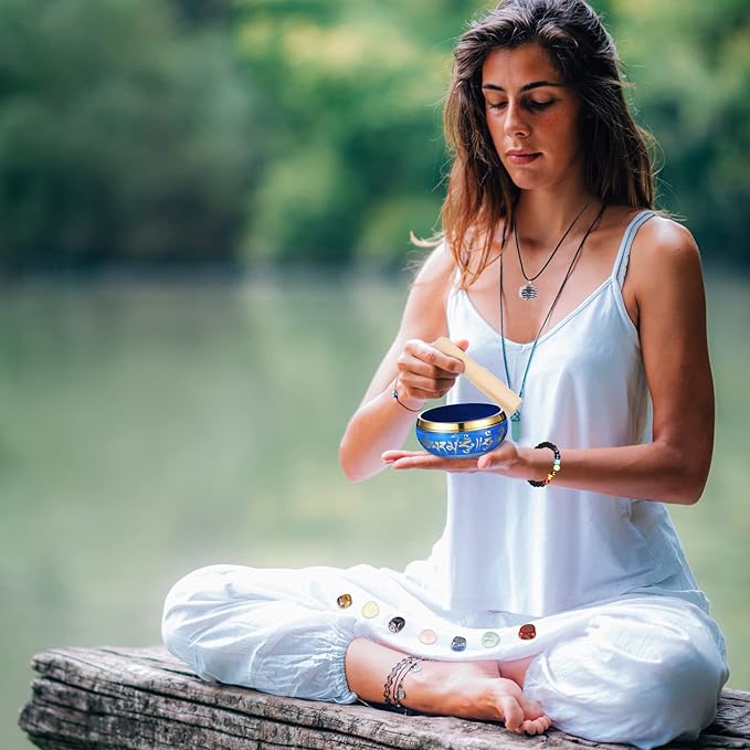 BBTO Tibetan Singing Bowls Set for Healing 3.4'' Meditation Sound Bath Bowl 7 pcs Chakra Crystal Stones Mallet Cushion Chakra Bracelet Pendant(Blue)