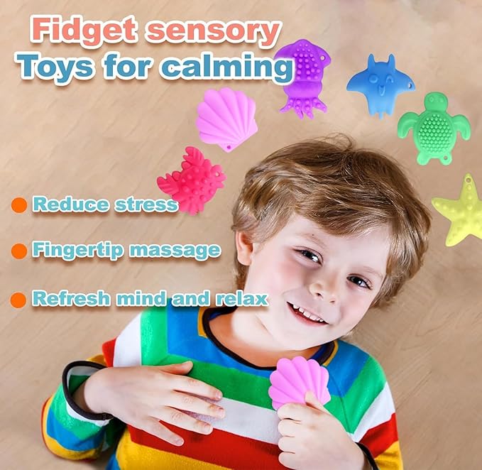 6psc Ocean Series Fidget Toys Sensory Stone for Kids，Textured Soft Worry Stone for Autism Kids Calming - Fidget Stress Toys for Students Anxiety Relief - Small Prizes Fidget Toys
