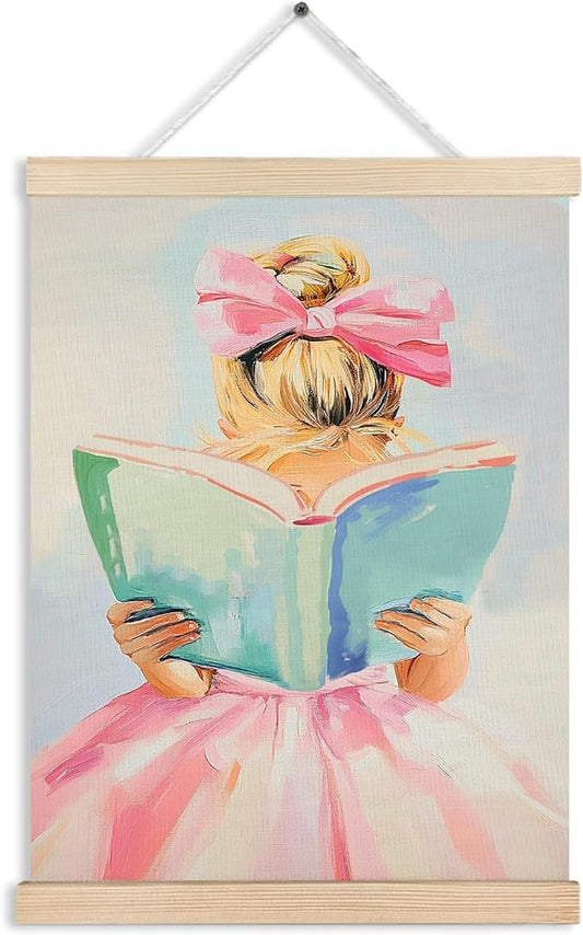 Little Girl Reading Book Wall Art, Girls Room Decor, Preppy Room Decor, Gift for Book Lovers, Book Reading Canvas Wall Art Poster Hanger Frame for Reading Room Corner Classroom Decor, 12x16 Inch