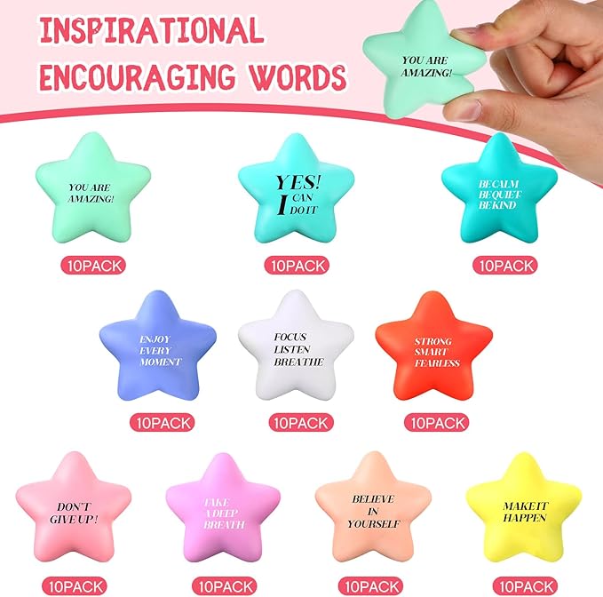 Sotiff 100 Pack Star Stress Balls Bulk Stress Relief Balls with Motivational Quotes Mini Inspirational Foam Party Favors Gifts for Kids Adults Anger Fidget Relief Exercise(Cute Colors)
