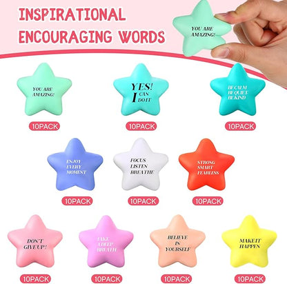 Sotiff 100 Pack Star Stress Balls Bulk Stress Relief Balls with Motivational Quotes Mini Inspirational Foam Party Favors Gifts for Kids Adults Anger Fidget Relief Exercise(Cute Colors)