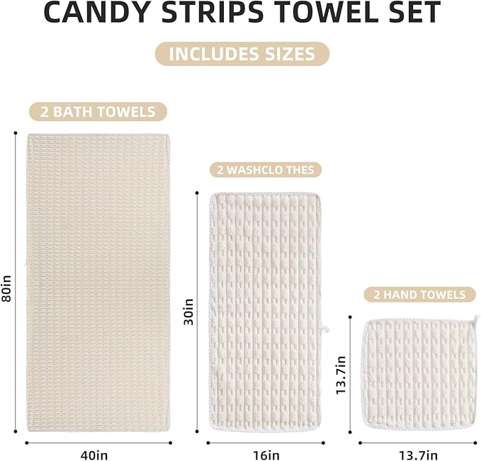40x80 Inches Oversized Bath Sheets Extra Large Bath Towels Set of 6 for Adults Super Soft Quick Dry Lightweight Lint Free Absorbent Stripe Microfiber Shower Towels (White,6 Piece)