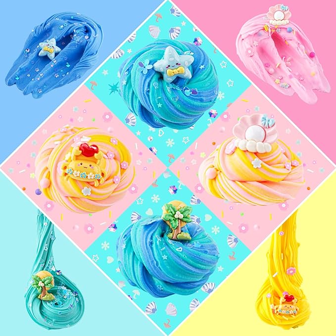LAWOHO Butter Slime Kit Includes 2X120ml Two-Toned Butter Slime with 6 Packs Add-Ins, Slime for Kids Party Favors, Non Stick Kids Slime Kit for Girls Boys Birthday Easter Christmas Ages 8-12(Ocean)