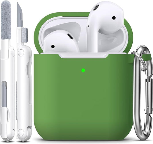 R-fun Compatible with AirPods Case Cover, Soft Silicone Protective Cover with Keychain for Women Men Compatible with Apple AirPods 2nd 1st Generation Charging Case, Front LED Visible,Olive Green