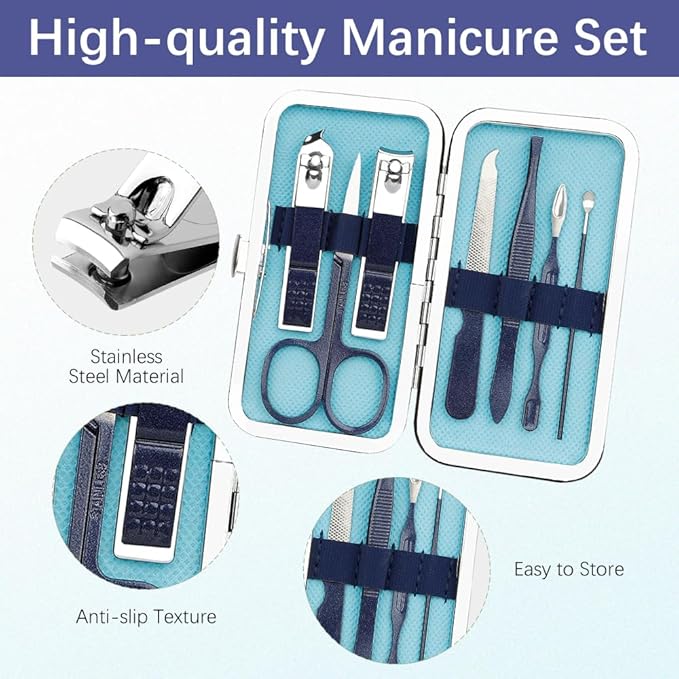 Manicure Set, Nail Clipper Set 7 in 1 Stainless Steel Nail Clipper Kit Nail Clippers Manicure Kit for Men Grooming Kit Pedicure Kit Fingernail Toenail Clippers for Men Women Husband Boyfriend, Blue