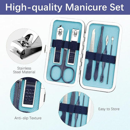 Manicure Set, Nail Clipper Set 7 in 1 Stainless Steel Nail Clipper Kit Manicure Kit Nail Clippers for Men Grooming Kit Pedicure Kit Fingernail Toenail Clippers for Men Women Husband Boyfriend, Blue