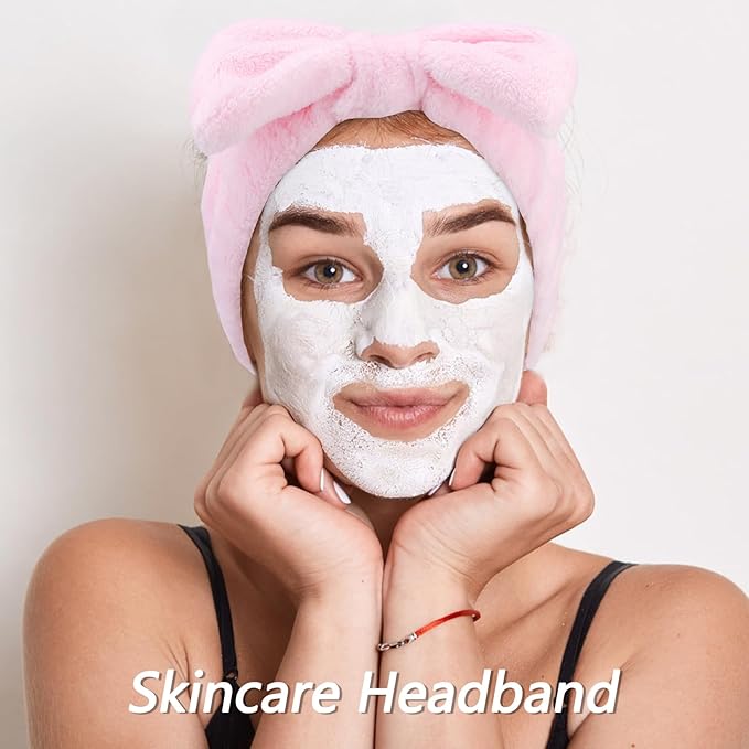 VELSCRUN Spa Headbands for Wash Face, Makeup Headband, Facial Skincare Headbands, 5 Pcs Pink Puffy Sponge Spa Headband Bow Tie Hair Band Hair Clips Wristband Set Women Girls Accessories