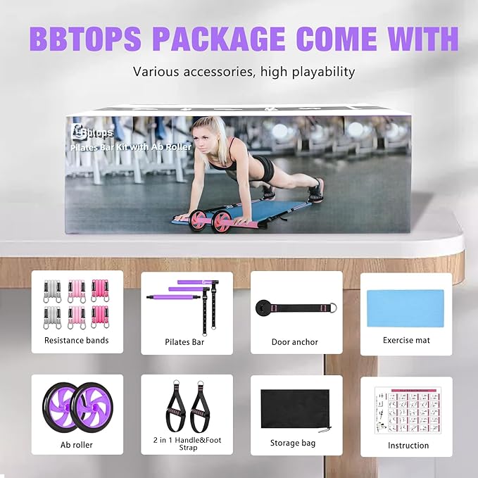 Pilates Bar Kit with Resistance Bands,Ab Roller,2 in 1 Foot Strap & Handle,Door Anchor Pilates Equipment with Resistance Bands, Portable Home Gym Yoga Fitness Bar for Women & Men