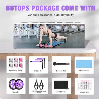 Pilates Bar Kit with Resistance Bands,Ab Roller,2 in 1 Foot Strap & Handle,Door Anchor Pilates Equipment with Resistance Bands, Portable Home Gym Yoga Fitness Bar for Women & Men