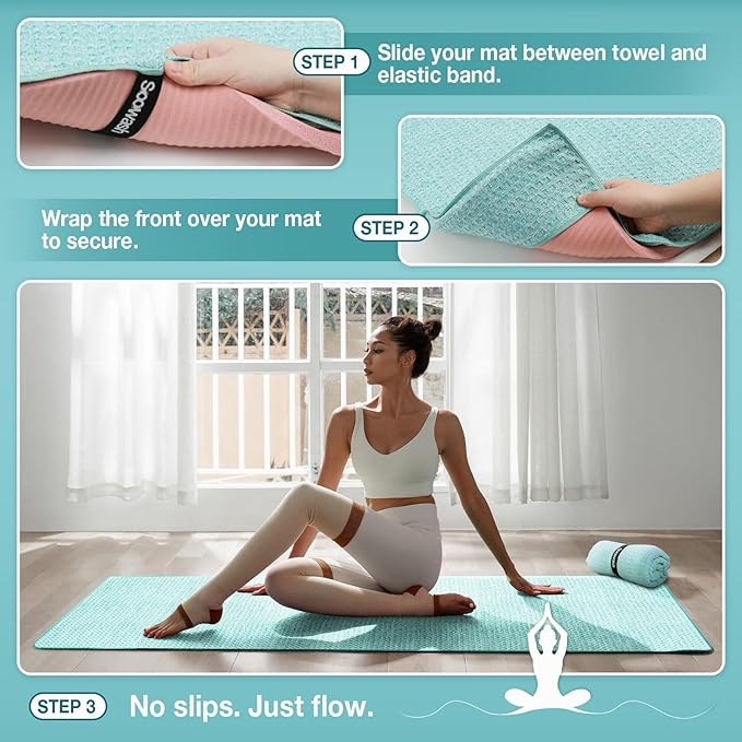 2 Pack Hot Yoga Towel Yoga Mat Towels Non Slip for Hot Yoga Stickyfiber Microfiber Quick Dry Soft Absorbent with Corner Pockets Cover Bikram Pilates Exercise Fitness 28" X 72" Blue Green
