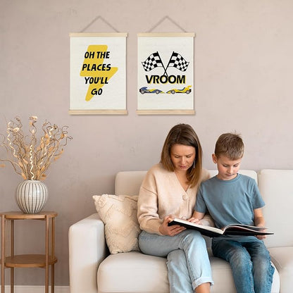 JINYO Race Car Wall Decor, Black and White Checkered Racing Flag Quote Wall Art Poster, Race Car Room Decor, Racing Cars Posters for Kids Boys Room Bedroom Playroom, 12x16 Inches Set of 2