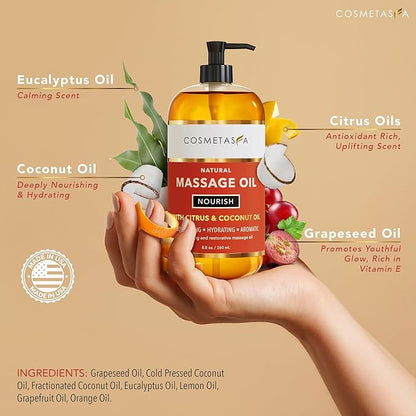 Cosmetasa Spa Gift Set for Women & Men - Relaxation Lavender Massage Oil, Citrus Coconut Oil, Arnica Sore Muscle Massage Oil with Hot Stones, Roller Ball and Thumb Saver Massage Tools